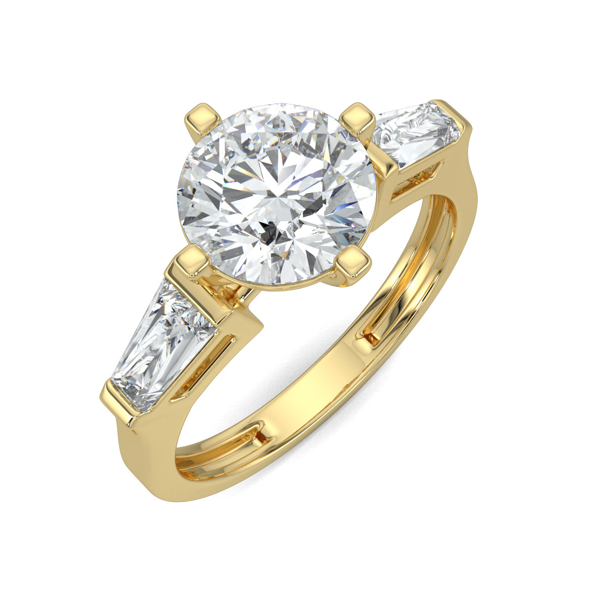 Yellow Gold, Diamond Ring, natural diamond solitaire ring, lab-grown diamond solitaire ring, Lumina Treasure design, round and tapered diamonds, classic band, timeless elegance