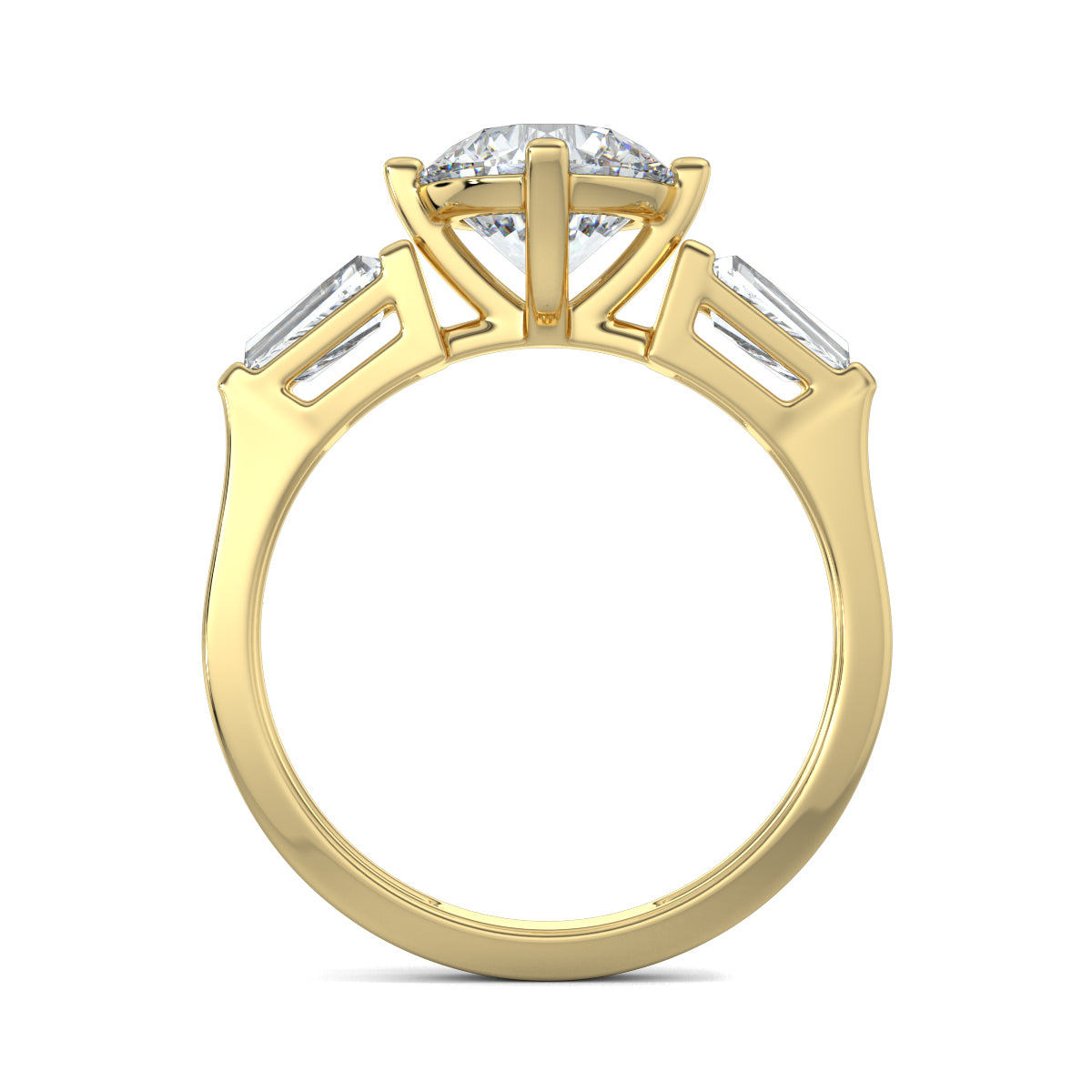 Yellow Gold, Diamond Ring, natural diamond solitaire ring, lab-grown diamond solitaire ring, Lumina Treasure design, round and tapered diamonds, classic band, timeless elegance