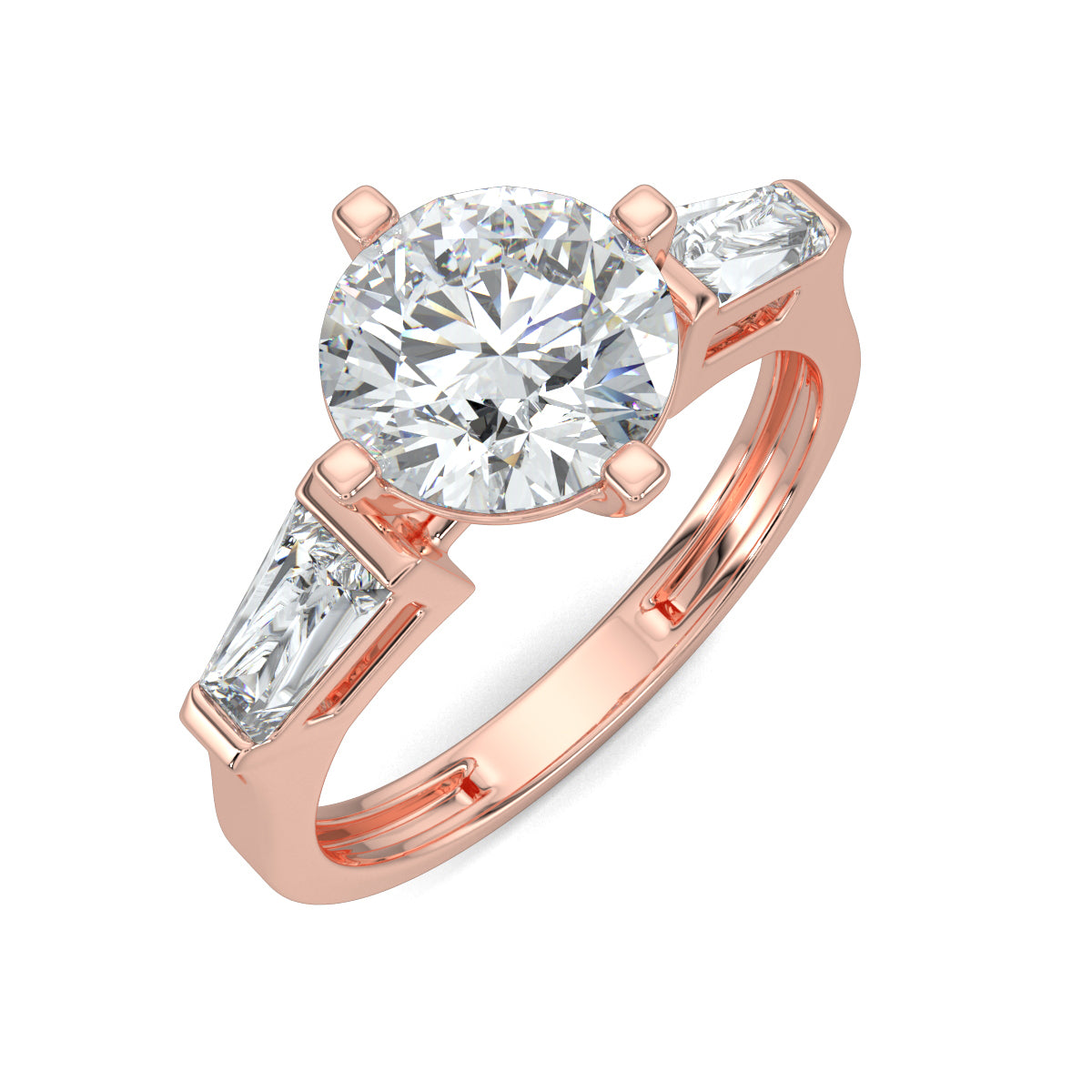 Rose Gold, Diamond Ring, natural diamond solitaire ring, lab-grown diamond solitaire ring, Lumina Treasure design, round and tapered diamonds, classic band, timeless elegance