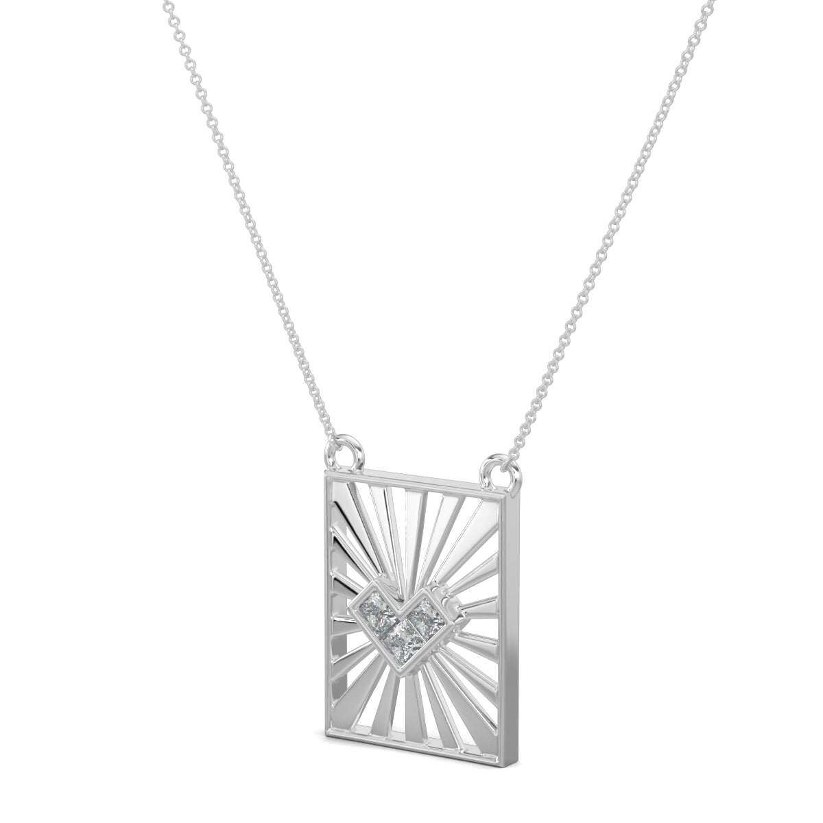 White Gold, Diamond Pendants, natural diamond pendant, lab-grown diamond pendant, casual diamond pendant, princess cut diamond necklace, heart shaped pendant, rectangle pendant, jali pattern pendant, sunrays pendant, Sunbeam Love Pendant