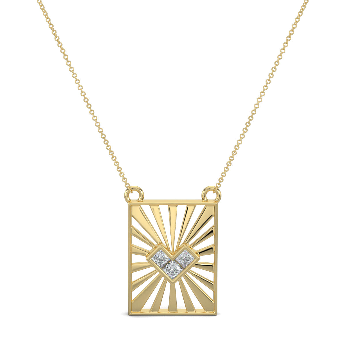 Yellow Gold, Diamond Pendants, natural diamond pendant, lab-grown diamond pendant, casual diamond pendant, princess cut diamond necklace, heart shaped pendant, rectangle pendant, jali pattern pendant, sunrays pendant, Sunbeam Love Pendant