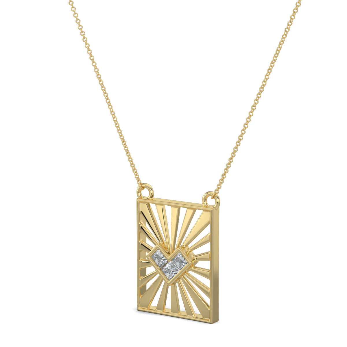 Yellow Gold, Diamond Pendants, natural diamond pendant, lab-grown diamond pendant, casual diamond pendant, princess cut diamond necklace, heart shaped pendant, rectangle pendant, jali pattern pendant, sunrays pendant, Sunbeam Love Pendant