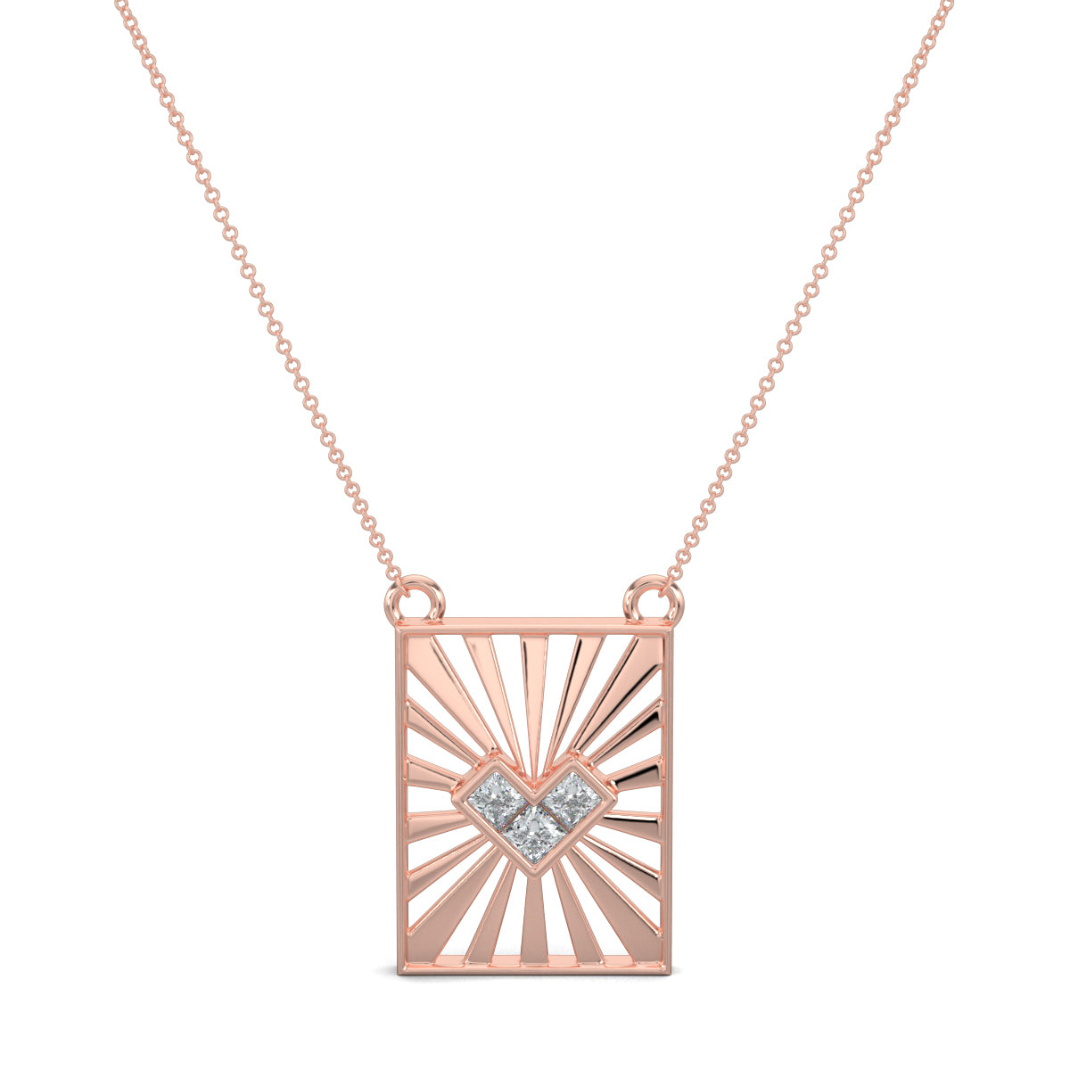 Rose Gold, Diamond Pendants, natural diamond pendant, lab-grown diamond pendant, casual diamond pendant, princess cut diamond necklace, heart shaped pendant, rectangle pendant, jali pattern pendant, sunrays pendant, Sunbeam Love Pendant