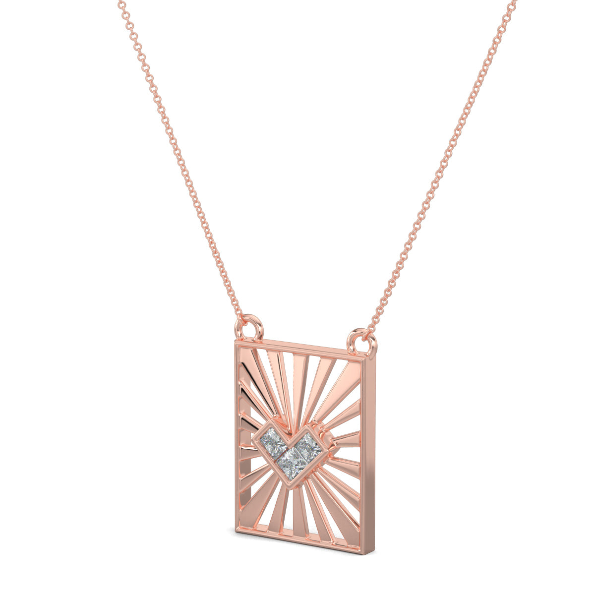 Rose Gold, Diamond Pendants, natural diamond pendant, lab-grown diamond pendant, casual diamond pendant, princess cut diamond necklace, heart shaped pendant, rectangle pendant, jali pattern pendant, sunrays pendant, Sunbeam Love Pendant