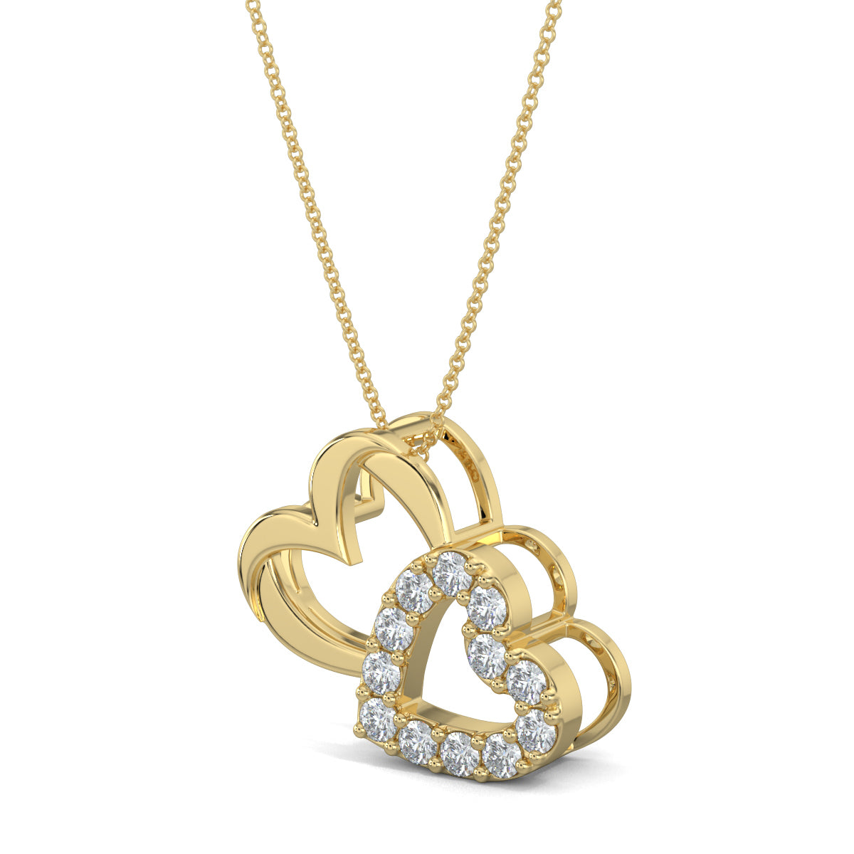 Yellow Gold, Diamond Pendants, natural diamond pendant, lab-grown diamond pendant, casual diamond pendant, round diamonds, heart shaped pendant, rectangle pendant, two hearts interwined pendant