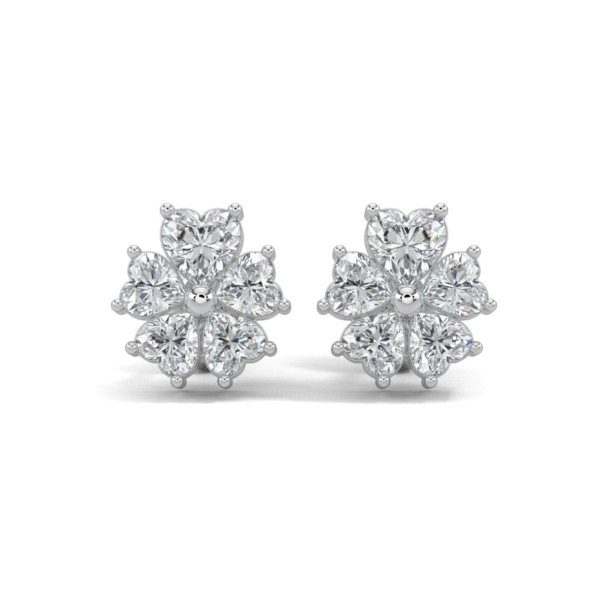 White Gold, Diamond earrings, natural diamond earrings, lab-grown diamond earrings, Heart-shaped diamond stud earrings, floral diamond earrings, Forever Yours collection, flower-shaped earrings