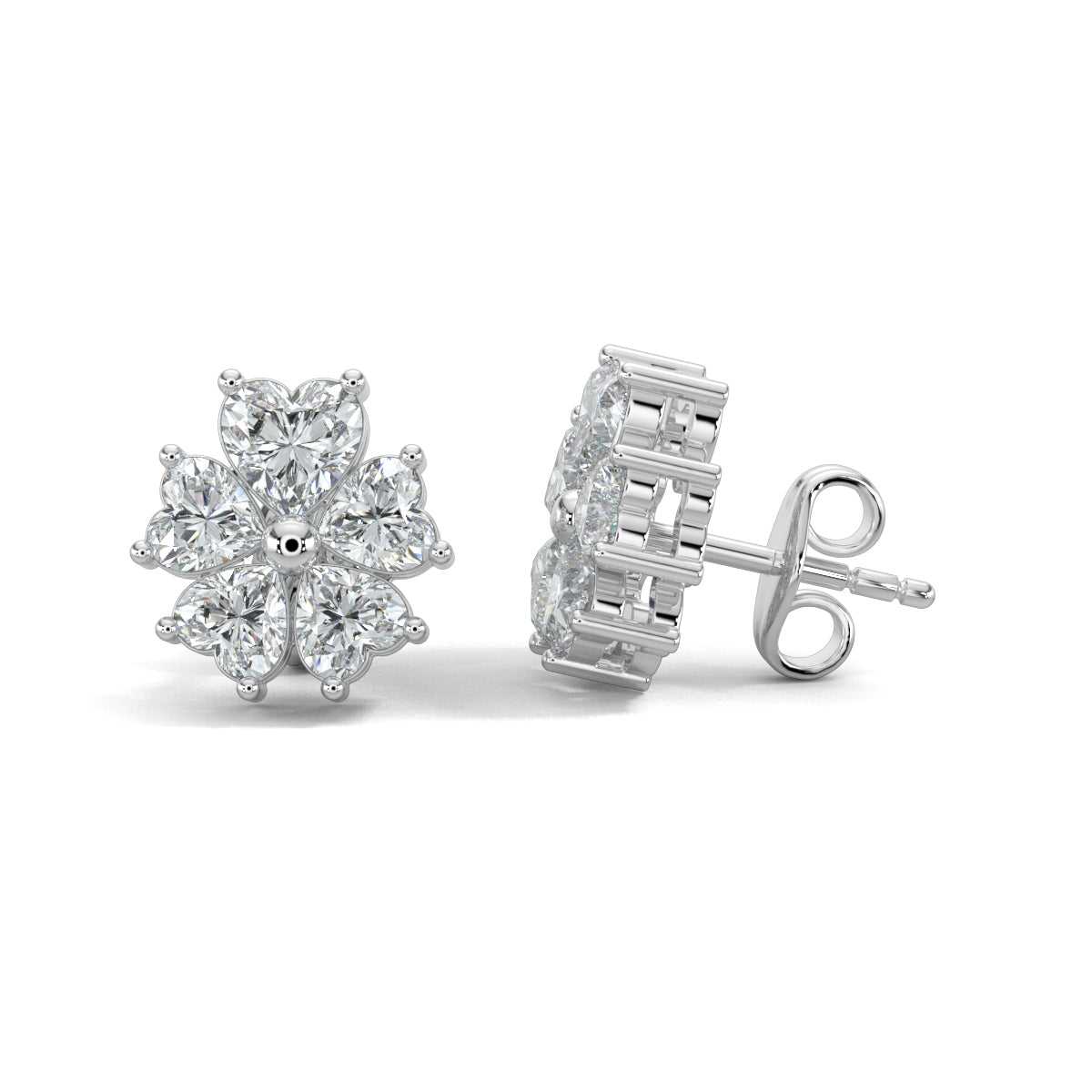 White Gold, Diamond earrings, natural diamond earrings, lab-grown diamond earrings, Heart-shaped diamond stud earrings, floral diamond earrings, Forever Yours collection, flower-shaped earrings