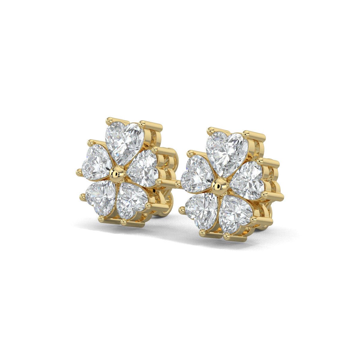 Yellow Gold, Diamond earrings, natural diamond earrings, lab-grown diamond earrings, Heart-shaped diamond stud earrings, floral diamond earrings, Forever Yours collection, flower-shaped earrings