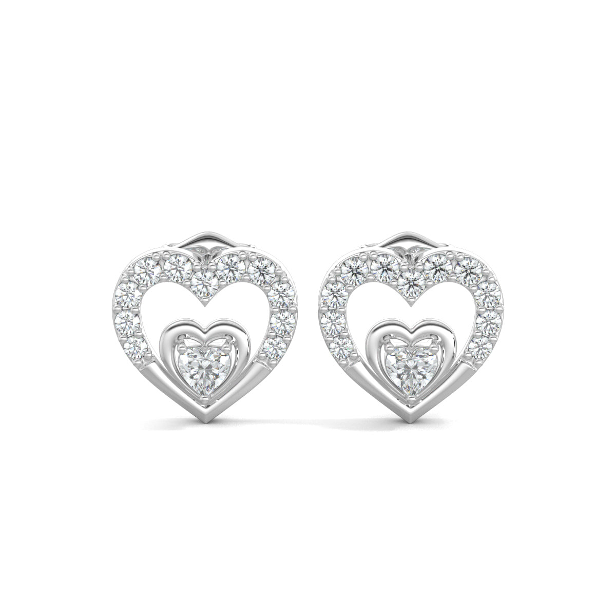 White Gold, Diamond earrings, natural diamond earrings, lab-grown diamond earrings, Heart's Desire diamond earrings, Forever Yours collection, heart stud earrings, round diamond border earrings, heart-shaped center diamond earrings