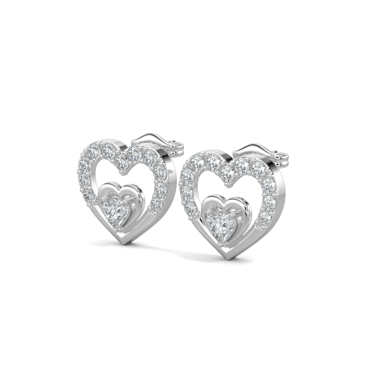 White Gold, Diamond earrings, natural diamond earrings, lab-grown diamond earrings, Heart's Desire diamond earrings, Forever Yours collection, heart stud earrings, round diamond border earrings, heart-shaped center diamond earrings