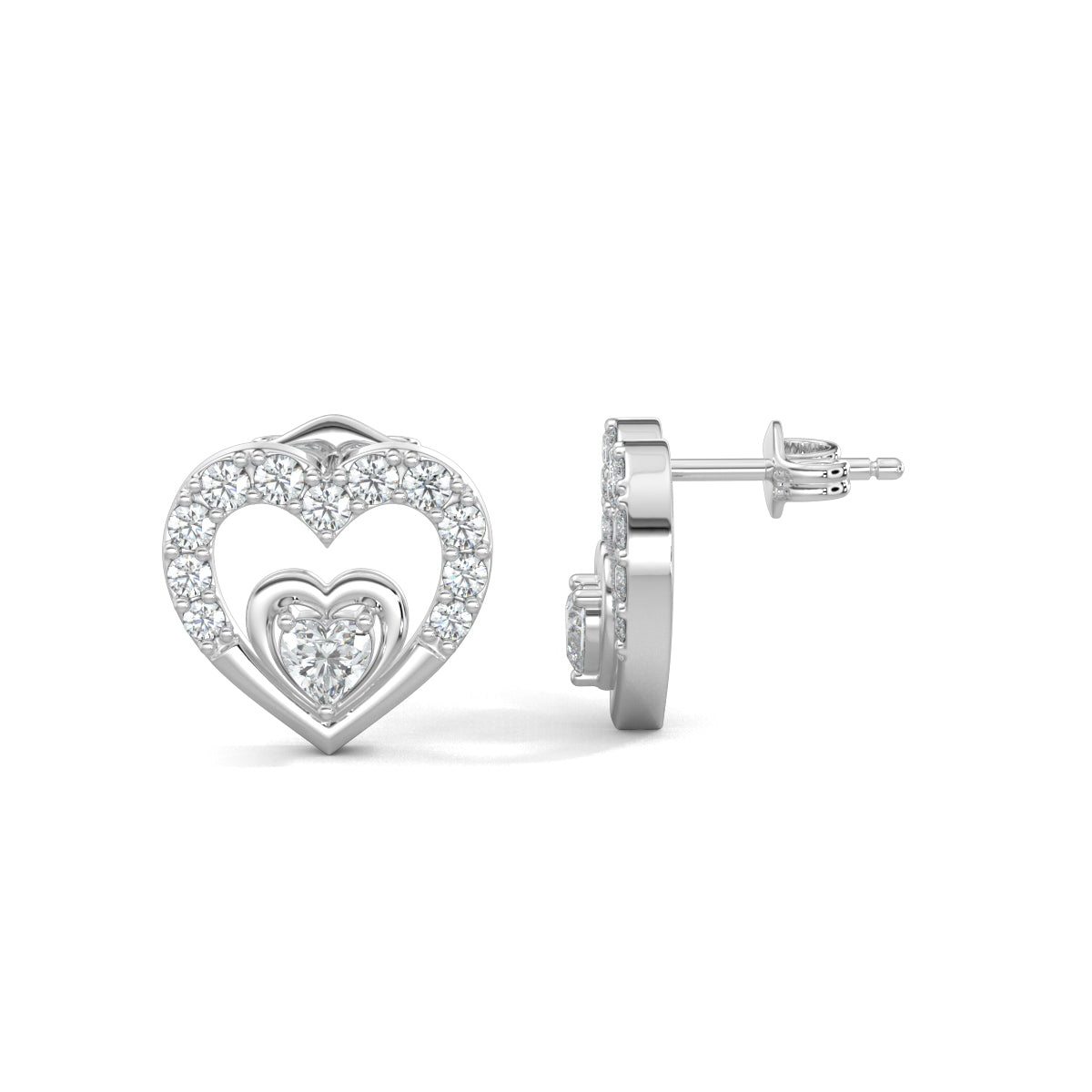 White Gold, Diamond earrings, natural diamond earrings, lab-grown diamond earrings, Heart's Desire diamond earrings, Forever Yours collection, heart stud earrings, round diamond border earrings, heart-shaped center diamond earrings