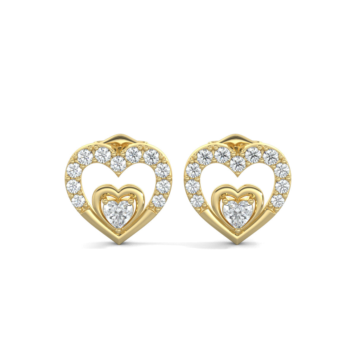 Yellow Gold, Diamond earrings, natural diamond earrings, lab-grown diamond earrings, Heart's Desire diamond earrings, Forever Yours collection, heart stud earrings, round diamond border earrings, heart-shaped center diamond earrings