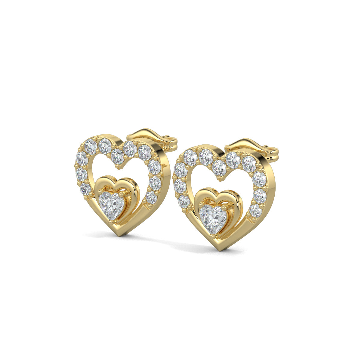 Yellow Gold, Diamond earrings, natural diamond earrings, lab-grown diamond earrings, Heart's Desire diamond earrings, Forever Yours collection, heart stud earrings, round diamond border earrings, heart-shaped center diamond earrings