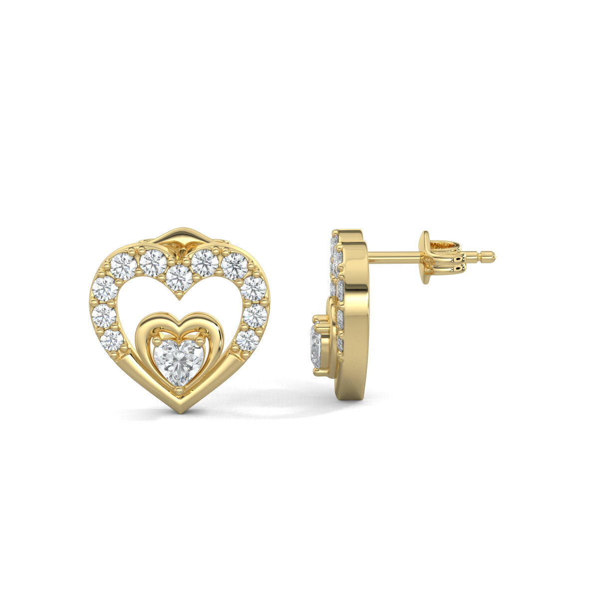 Yellow Gold, Diamond earrings, natural diamond earrings, lab-grown diamond earrings, Heart's Desire diamond earrings, Forever Yours collection, heart stud earrings, round diamond border earrings, heart-shaped center diamond earrings