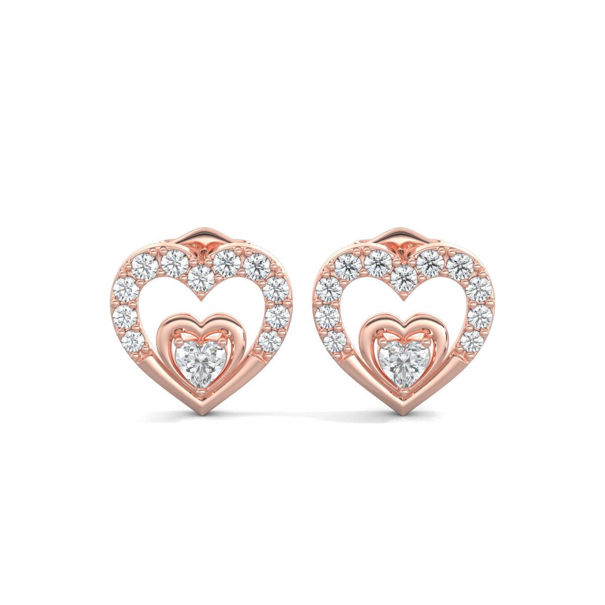 Rose Gold, Diamond earrings, natural diamond earrings, lab-grown diamond earrings, Heart's Desire diamond earrings, Forever Yours collection, heart stud earrings, round diamond border earrings, heart-shaped center diamond earrings
