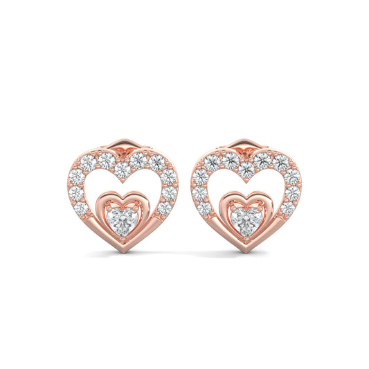 Rose Gold, Diamond earrings, natural diamond earrings, lab-grown diamond earrings, Heart's Desire diamond earrings, Forever Yours collection, heart stud earrings, round diamond border earrings, heart-shaped center diamond earrings