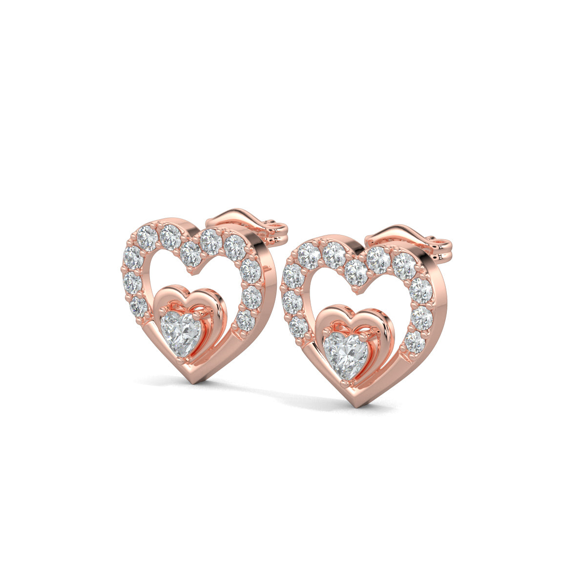 Rose Gold, Diamond earrings, natural diamond earrings, lab-grown diamond earrings, Heart's Desire diamond earrings, Forever Yours collection, heart stud earrings, round diamond border earrings, heart-shaped center diamond earrings