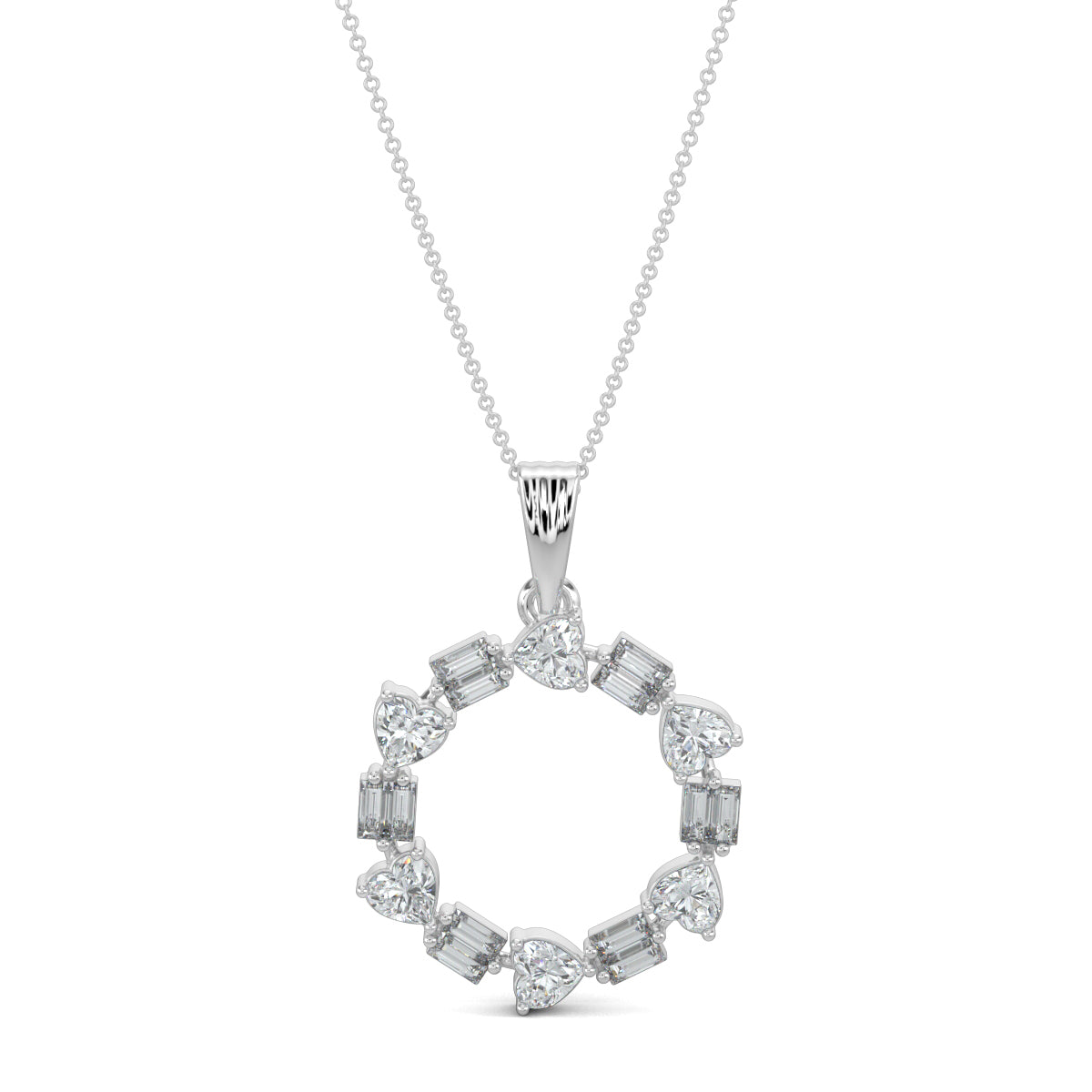 White Gold, Diamond Pendants, natural diamond pendant, lab-grown diamond pendant, circular pendant, heart diamond, baguette diamonds, Forever Yours Collection, Radiant Rhythm Pendant, elegant jewelry, sophisticated necklace, casual pendant
