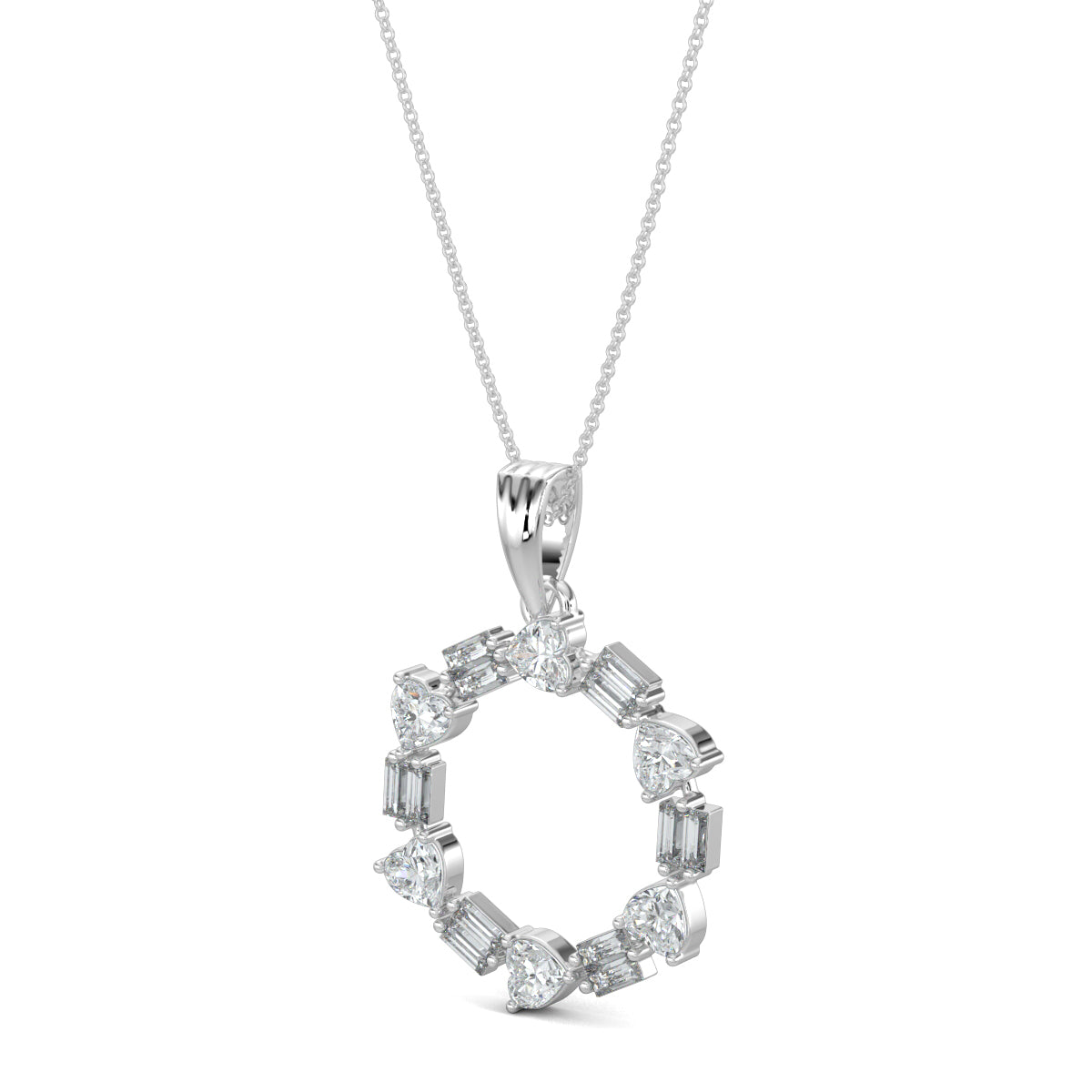 White Gold, Diamond Pendants, natural diamond pendant, lab-grown diamond pendant, circular pendant, heart diamond, baguette diamonds, Forever Yours Collection, Radiant Rhythm Pendant, elegant jewelry, sophisticated necklace, casual pendant