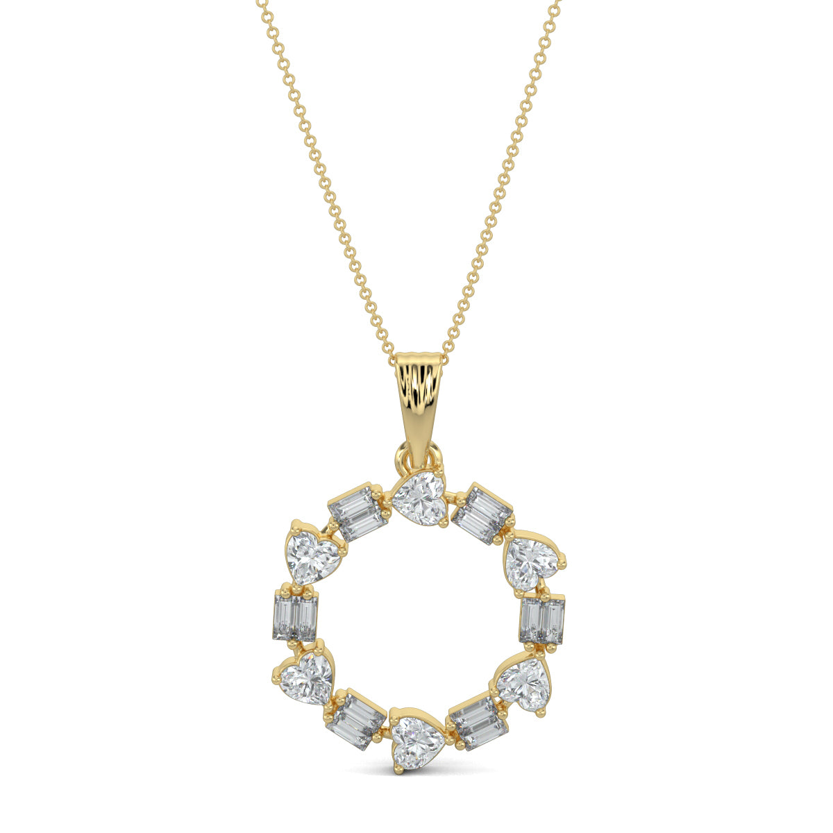 Yellow Gold, Diamond Pendants, natural diamond pendant, lab-grown diamond pendant, circular pendant, heart diamond, baguette diamonds, Forever Yours Collection, Radiant Rhythm Pendant, elegant jewelry, sophisticated necklace, casual pendant