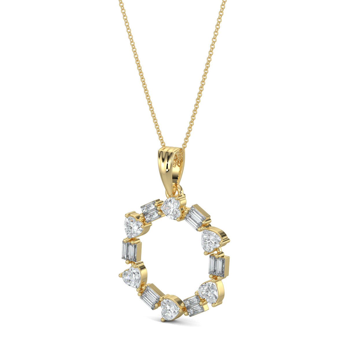 Yellow Gold, Diamond Pendants, natural diamond pendant, lab-grown diamond pendant, circular pendant, heart diamond, baguette diamonds, Forever Yours Collection, Radiant Rhythm Pendant, elegant jewelry, sophisticated necklace, casual pendant