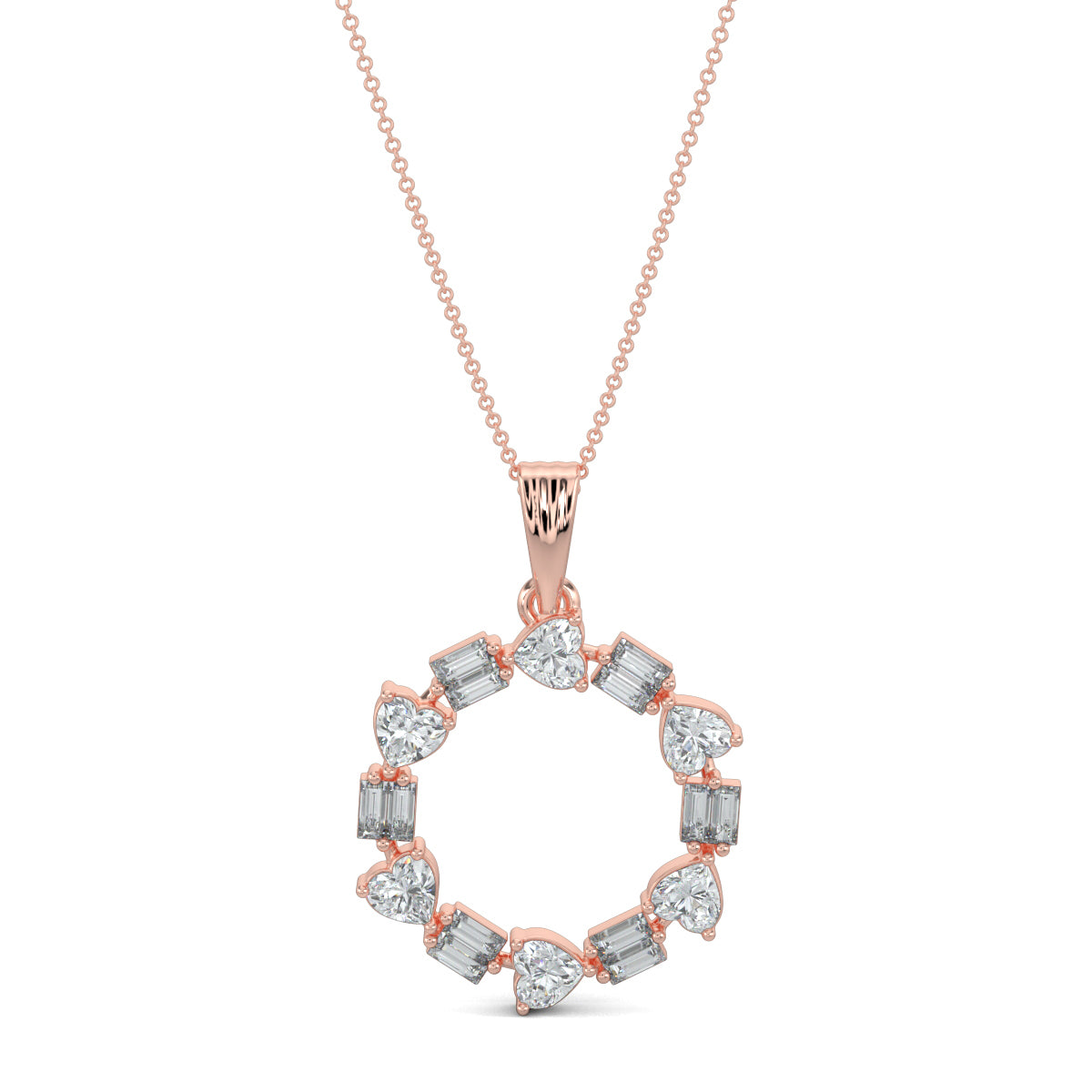 Rose Gold, Diamond Pendants, natural diamond pendant, lab-grown diamond pendant, circular pendant, heart diamond, baguette diamonds, Forever Yours Collection, Radiant Rhythm Pendant, elegant jewelry, sophisticated necklace, casual pendant