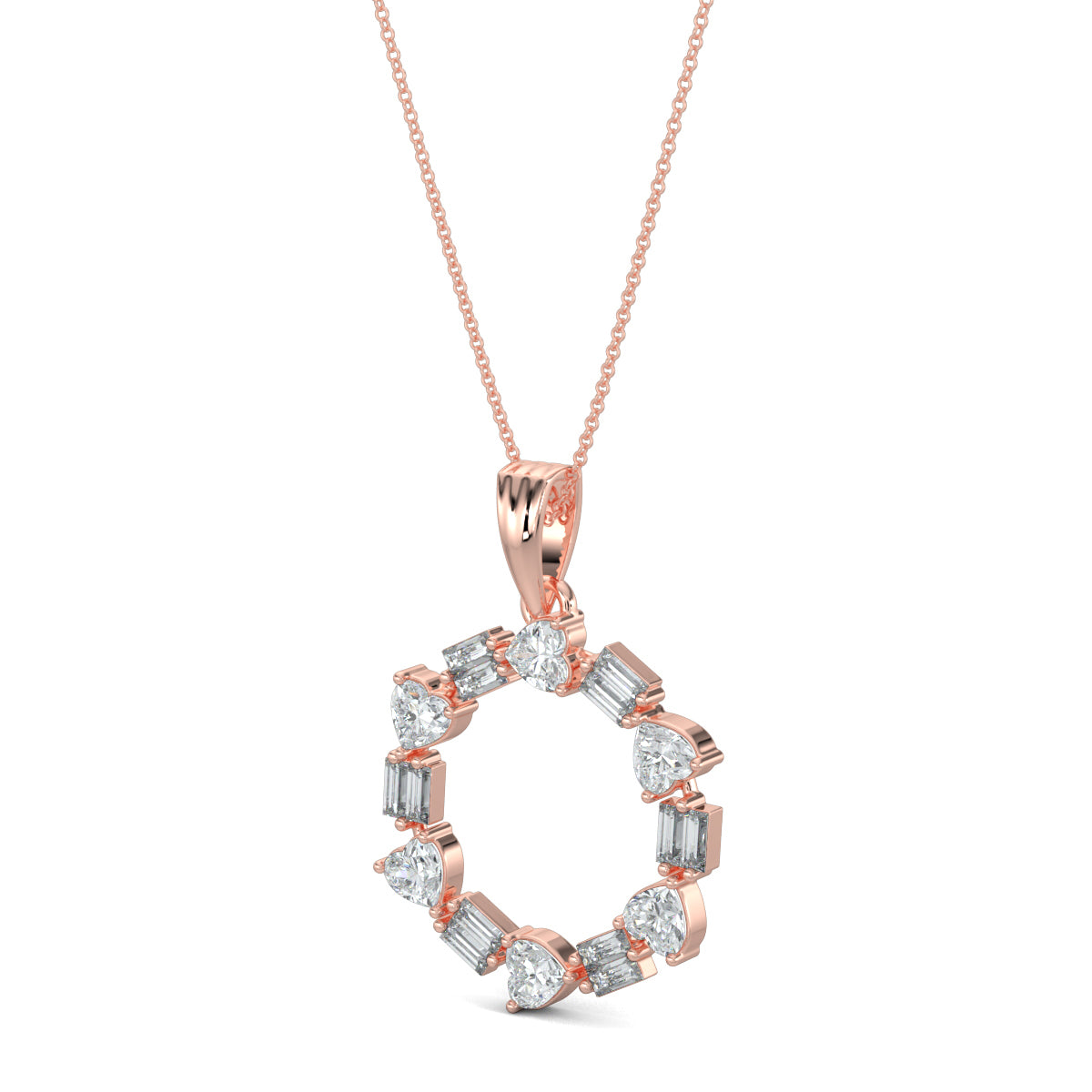 Rose Gold, Diamond Pendants, natural diamond pendant, lab-grown diamond pendant, circular pendant, heart diamond, baguette diamonds, Forever Yours Collection, Radiant Rhythm Pendant, elegant jewelry, sophisticated necklace, casual pendant