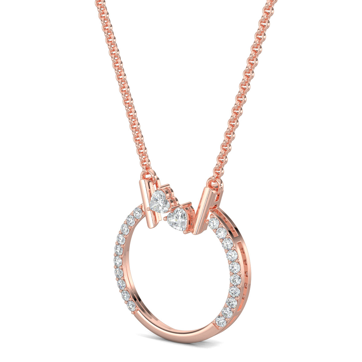 Rose Gold, Diamond Pendants, natural diamond pendant, lab-grown diamond pendant, Whispering Hearts Pendant, Forever Yours Collection, Circular Pendant, Heart-Shaped Diamonds, Casual Jewelry, Romantic Pendant, Elegant Necklace, Diamond Accents