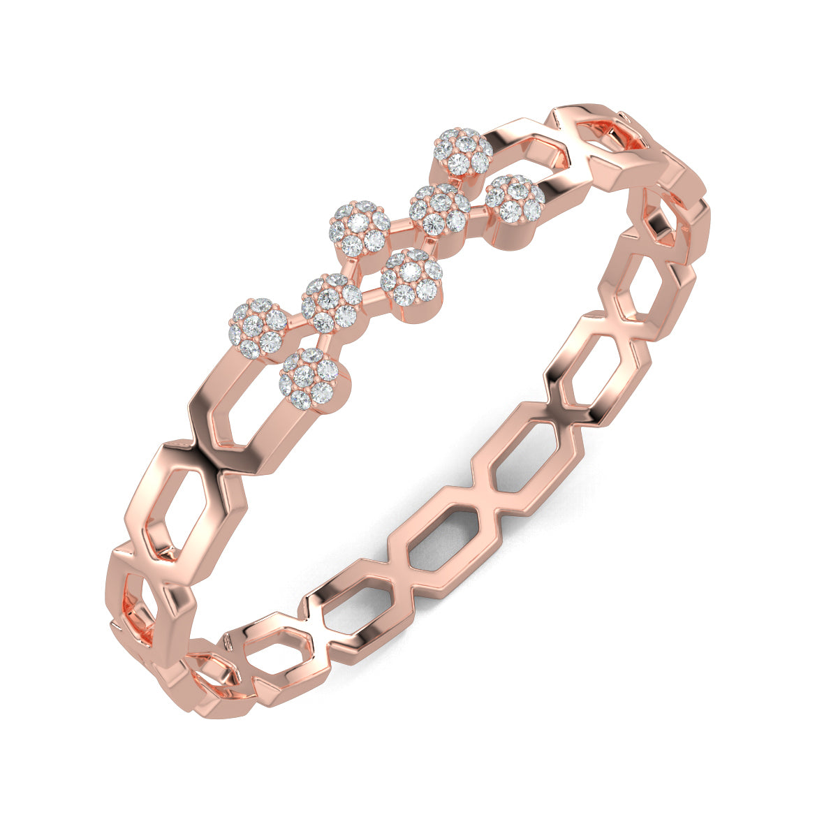 Rose Gold, Diamond Bracelet, Natural diamond bracelet, Lab-grown diamond bracelet, Sparkling Diamond Bracelet, Round Diamond Dots Bracelet, Jali Pattern Bracelet, Elegant Diamond Jewelry, Traditional Kada Bracelet