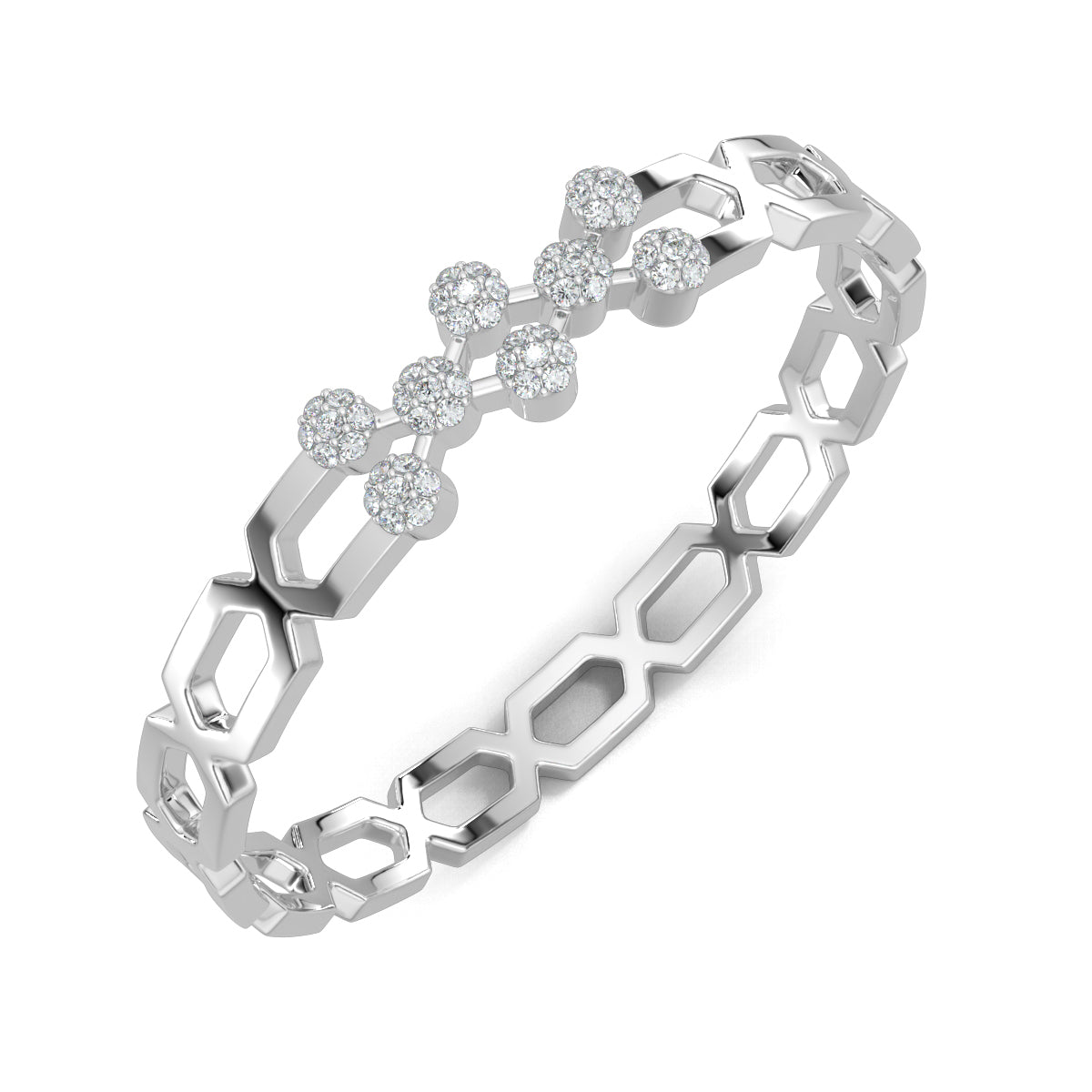 White Gold, Diamond Bracelet, Natural diamond bracelet, Lab-grown diamond bracelet, Sparkling Diamond Bracelet, Round Diamond Dots Bracelet, Jali Pattern Bracelet, Elegant Diamond Jewelry, Traditional Kada Bracelet