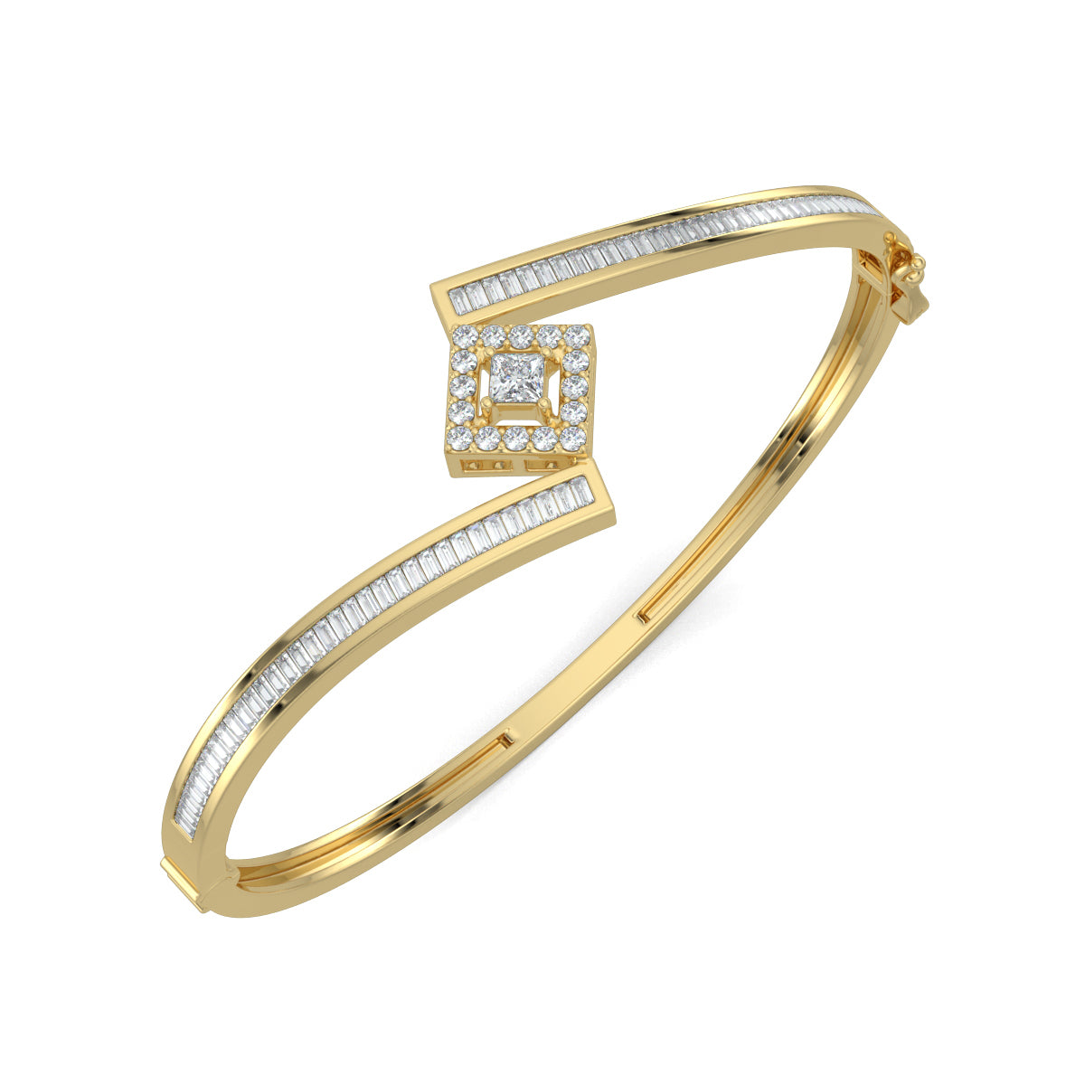 Yellow Gold, Diamond Bracelet, Seraphic Splendor Diamond Bracelet, natural diamonds, lab-grown diamonds, bypass bracelet, baguette channeling, princess cut diamond, halo setting