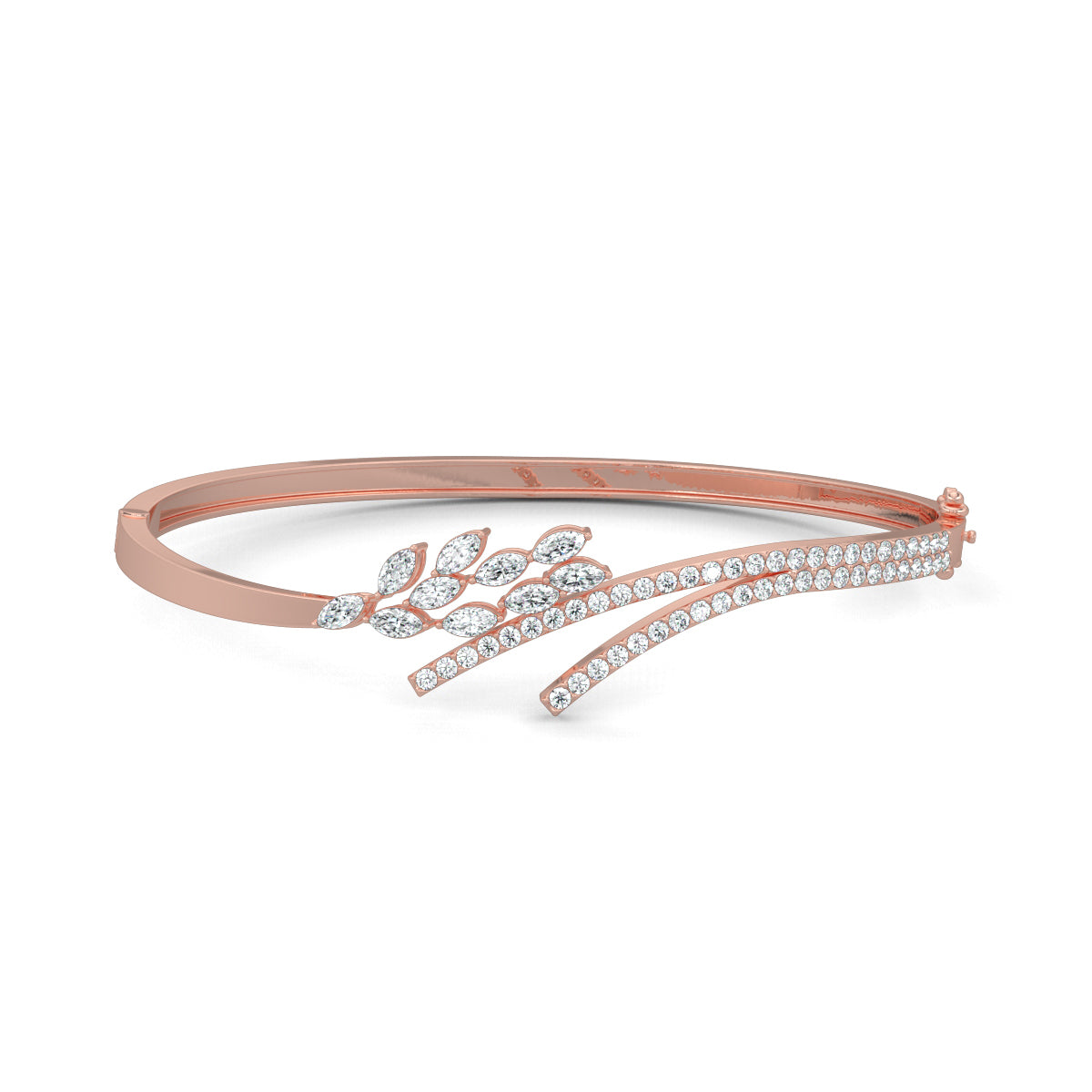 Rose Gold, Diamond Bracelets, Natural Diamonds, Labgrown DIamonds, Cluster sparkle diamond bracelet, open-end design, marquise diamonds, round diamond split lines, elegant jewelry, luxury bracelet