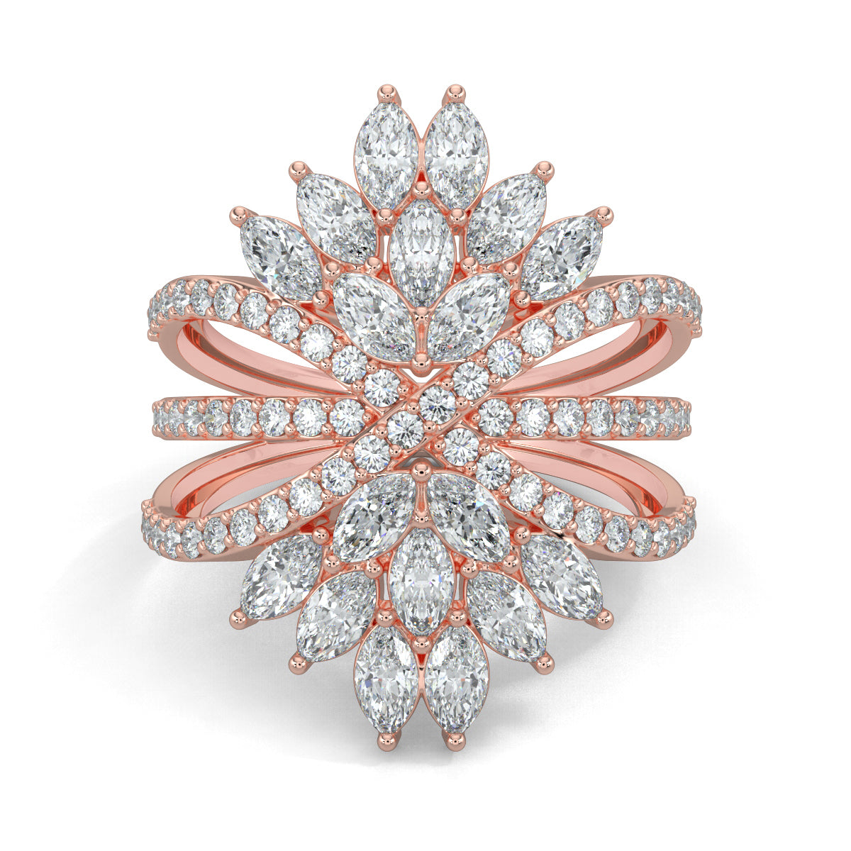 Rose Gold, Diamond Ring, Natural Diamond ring, Lab-grown diamond ring, Marquise diamond cluster ring, Split shank diamond ring, Everyday diamond ring, Round diamond accents, Modern elegance jewelry, Sophisticated diamond band