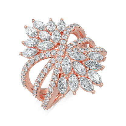 Rose Gold, Diamond Ring, Natural Diamond ring, Lab-grown diamond ring, Marquise diamond cluster ring, Split shank diamond ring, Everyday diamond ring, Round diamond accents, Modern elegance jewelry, Sophisticated diamond band