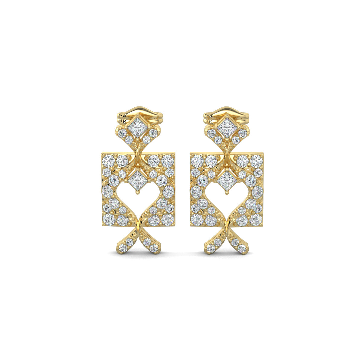 Yellow Gold, Diamond Earrings, Royal Pulse Earrings, Natural Diamonds, Lab-Grown Diamonds, Square Earrings, Heart Design, Princess Diamond, Mid-Length Earrings, Sophistication, Grace, Jewelry