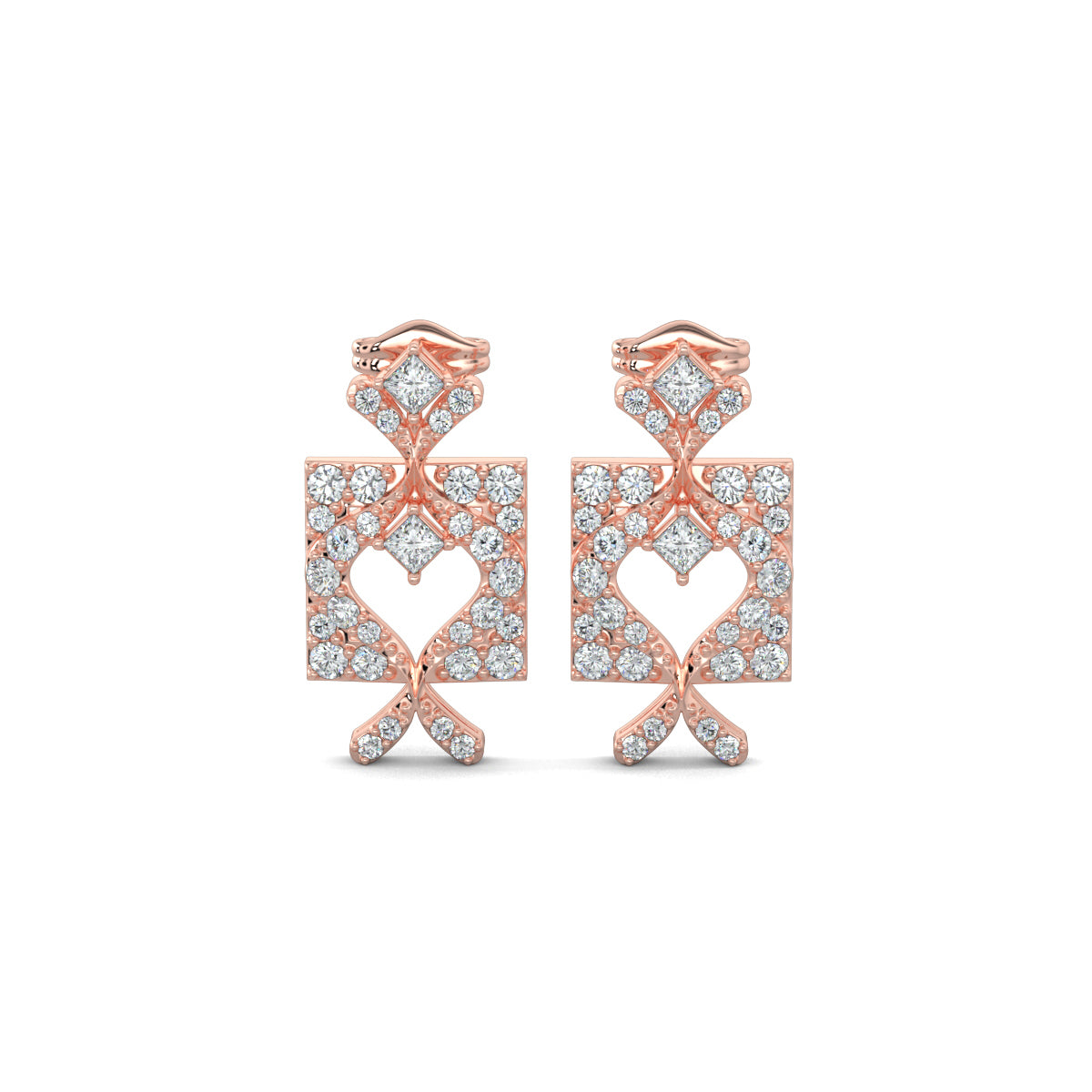 Rose Gold, Diamond Earrings, Royal Pulse Earrings, Natural Diamonds, Lab-Grown Diamonds, Square Earrings, Heart Design, Princess Diamond, Mid-Length Earrings, Sophistication, Grace, Jewelry