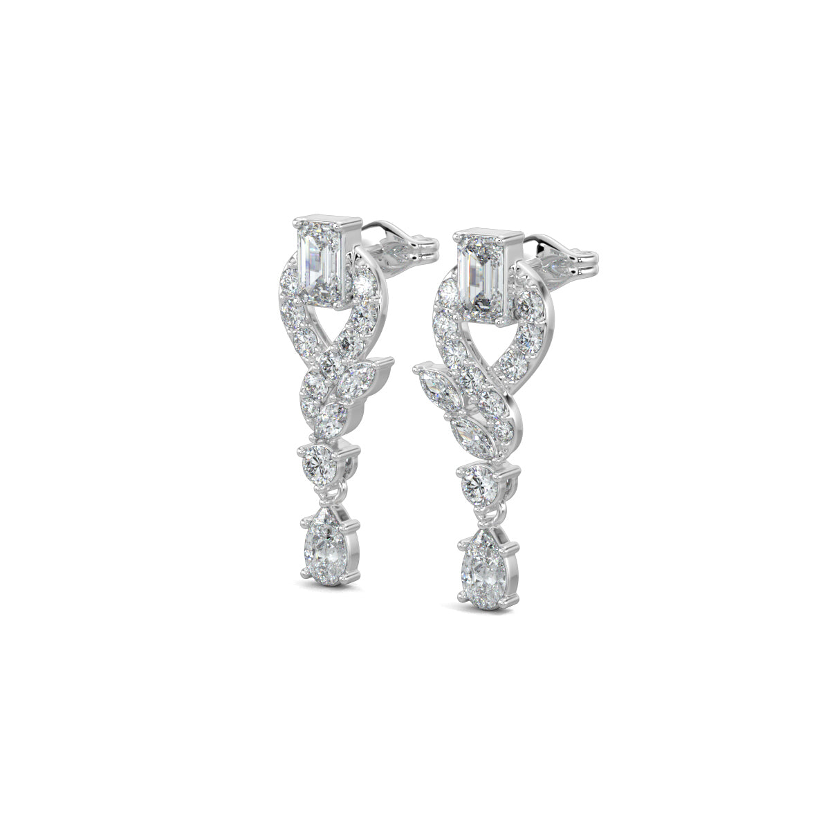 White Gold, Diamond Earrings, Natural diamond earrings, Lab-grown diamond earrings, Swirls Elegance Diamond Earrings, mid-length diamond earrings, emerald cut diamond, round diamonds, marquise diamonds, pear-shaped diamond, 