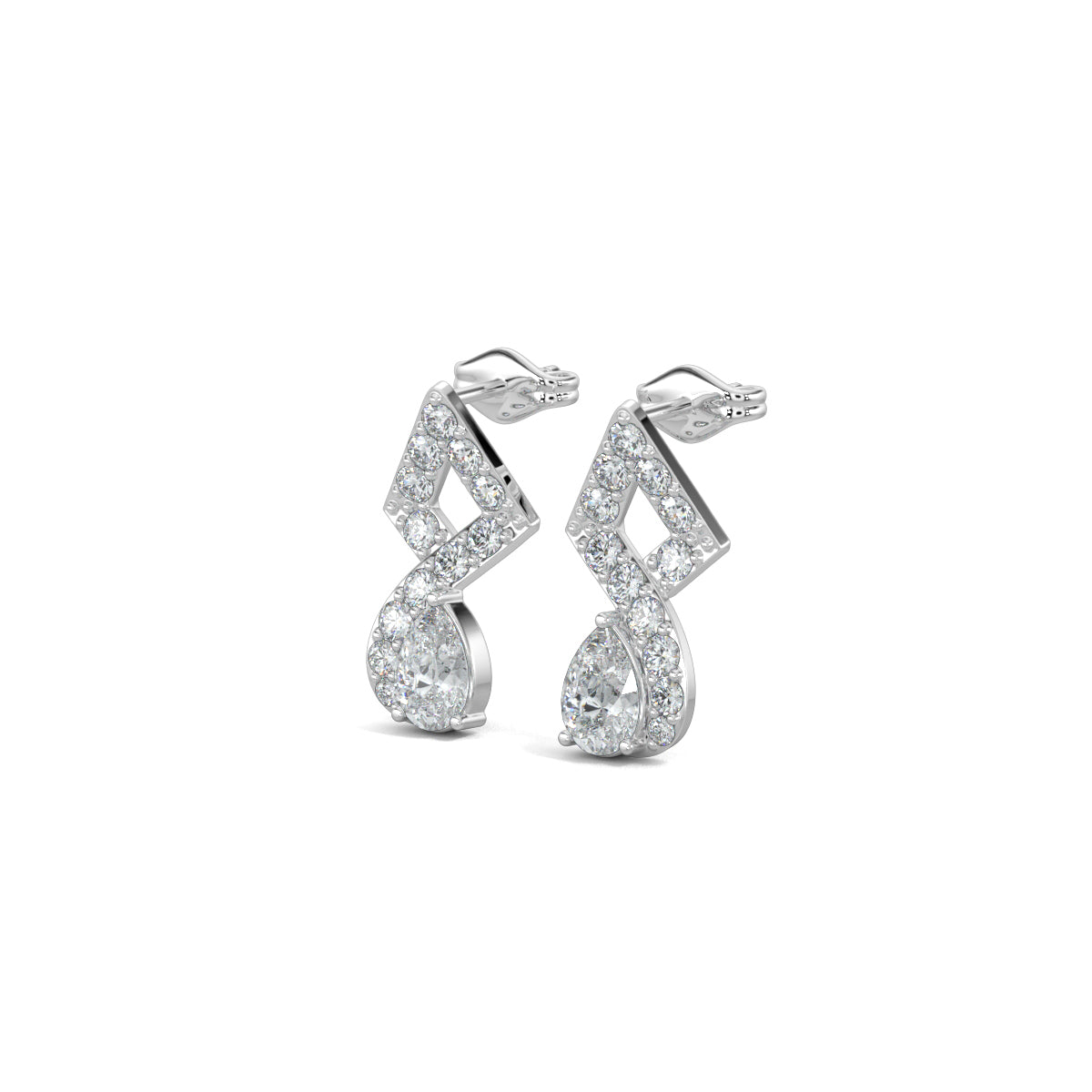 White Gold, Diamond Earrings, Twisted Elegance earrings, diamond earrings, natural diamonds, lab-grown diamonds, pear-cut diamonds, pave setting, mid-length earrings, traditional design, contemporary elegance