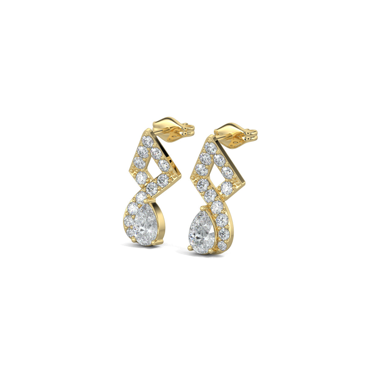 Yellow Gold, Diamond Earrings, Twisted Elegance earrings, diamond earrings, natural diamonds, lab-grown diamonds, pear-cut diamonds, pave setting, mid-length earrings, traditional design, contemporary elegance