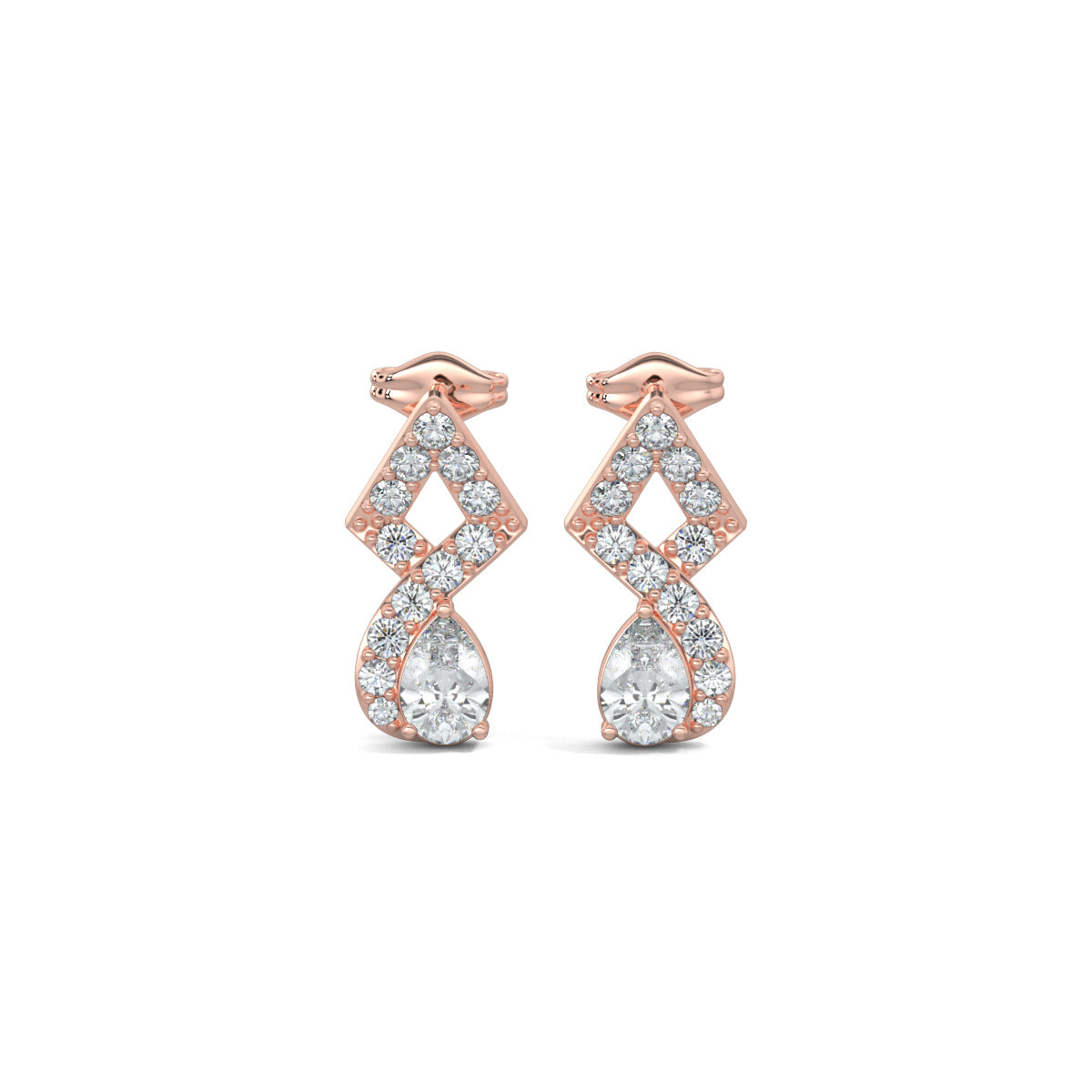 Rose Gold, Diamond Earrings, Twisted Elegance earrings, diamond earrings, natural diamonds, lab-grown diamonds, pear-cut diamonds, pave setting, mid-length earrings, traditional design, contemporary elegance