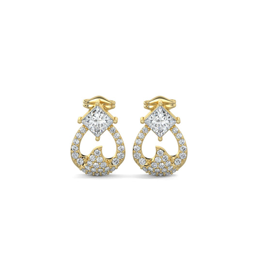 Yellow Gold, Diamond Earrings, Natural diamond stud earrings, Lab-grown diamond stud earrings, GlamourCrest earrings, Princess-cut diamond earrings, Diamond stud earrings, Wave-shaped earrings, Sophisticated jewelry, Elegant accessories, Glamorous earrings