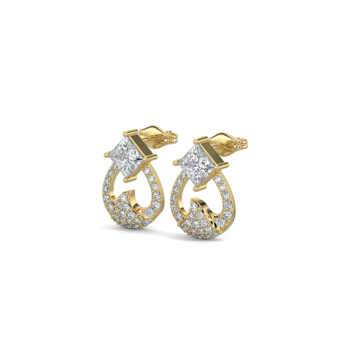 Yellow Gold, Diamond Earrings, Natural diamond stud earrings, Lab-grown diamond stud earrings, GlamourCrest earrings, Princess-cut diamond earrings, Diamond stud earrings, Wave-shaped earrings, Sophisticated jewelry, Elegant accessories, Glamorous earrings