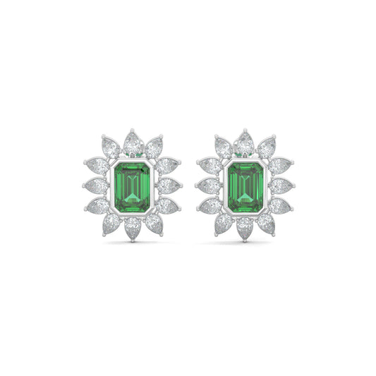 White Gold, Diamond Earrings, Floral Finesse Stud Earrings, natural diamonds, lab-grown diamonds, green emerald center, pear-shaped diamonds, nature-inspired jewelry, elegant studs, timeless elegance
