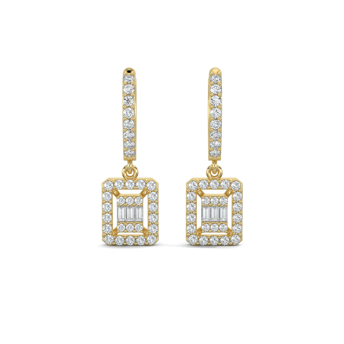 Yellow Gold, Natural diamond earrings, Lab-grown diamond earrings, Elegant Dangler drop Earrings, Pave setting, Halo setting, Modern diamond earrings, Sophisticated jewelry, Diamond drop earrings, Graceful dangler earrings.