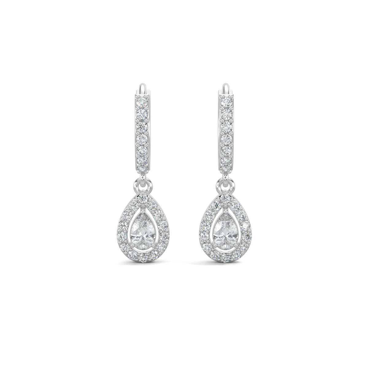 White Gold, Natural diamond dangler earrings, Lab-grown diamond dangler earrings, pave setting, round diamonds, pear diamond, halo setting, modern jewelry, elegant earrings.
