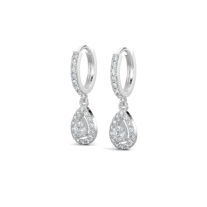 White Gold, Natural diamond dangler earrings, Lab-grown diamond dangler earrings, pave setting, round diamonds, pear diamond, halo setting, modern jewelry, elegant earrings.