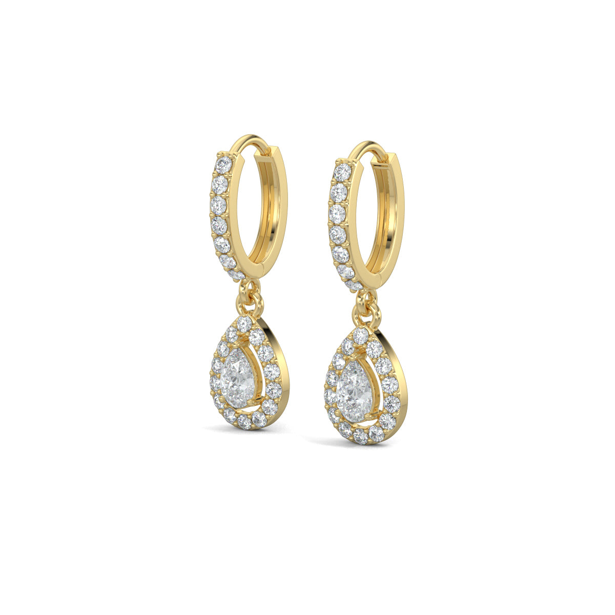 Yellow Gold, Natural diamond dangler earrings, Lab-grown diamond dangler earrings, pave setting, round diamonds, pear diamond, halo setting, modern jewelry, elegant earrings.