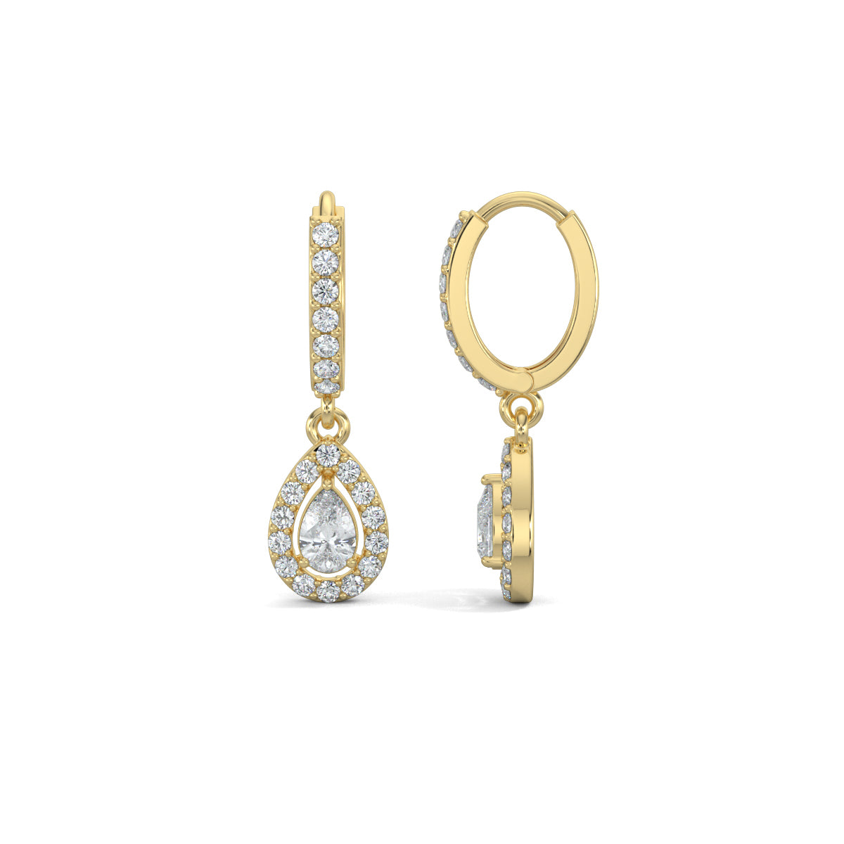 Yellow Gold, Natural diamond dangler earrings, Lab-grown diamond dangler earrings, pave setting, round diamonds, pear diamond, halo setting, modern jewelry, elegant earrings.