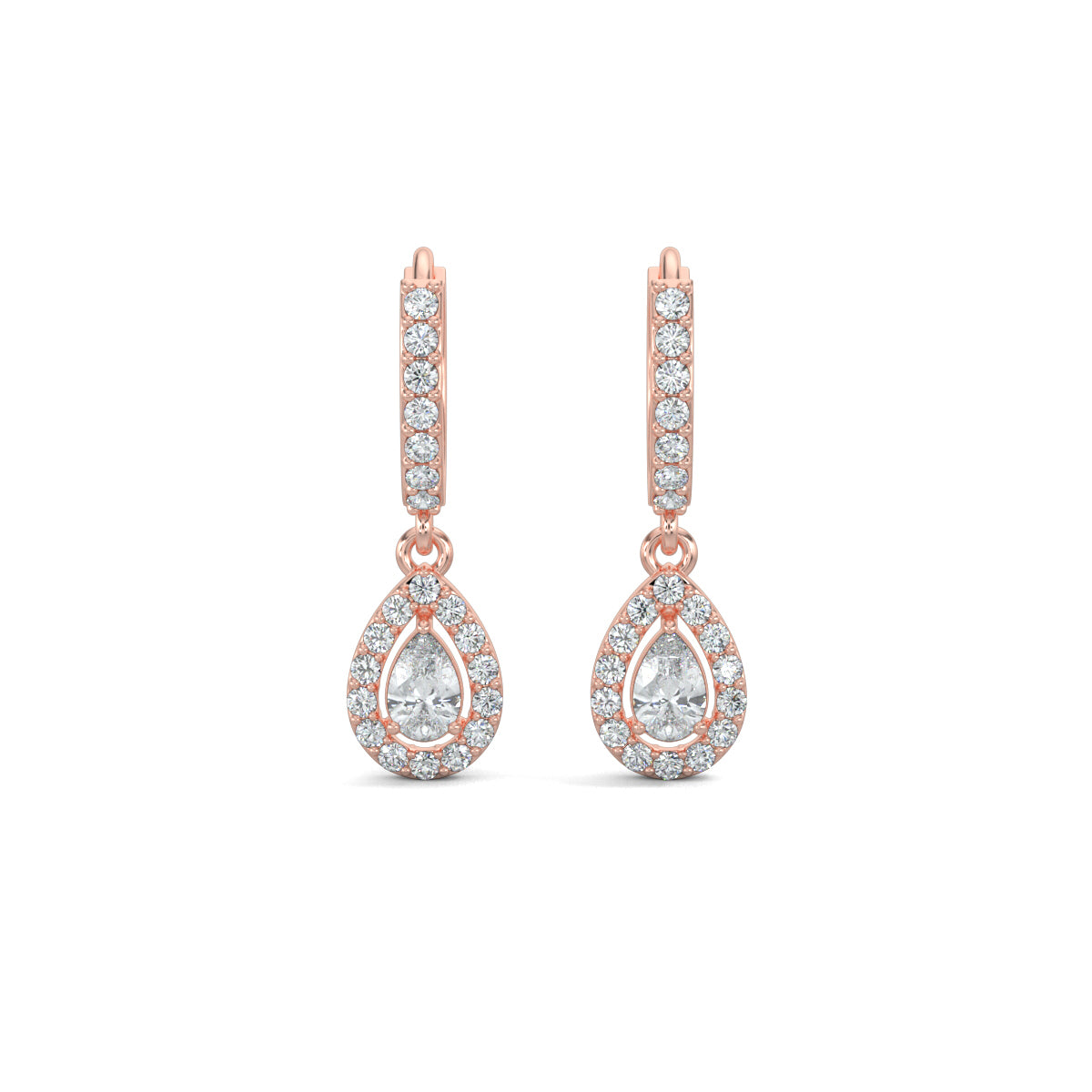 Rose Gold, Natural diamond dangler earrings, Lab-grown diamond dangler earrings, pave setting, round diamonds, pear diamond, halo setting, modern jewelry, elegant earrings.