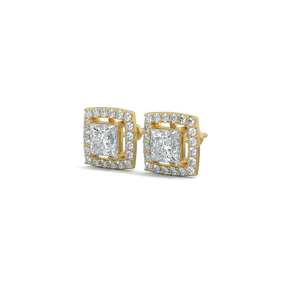 Yellow Gold, Diamond Earrings, Luxe Square Stud Earrings, Lab-Grown Diamonds, Princess Cut Diamond, Pave Setting, Square Shape, Elegant Jewelry, Sophisticated Accessories.